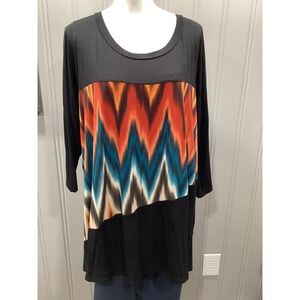 VOLL Plus Size 2X Black Orange Teal Geometric Print Tunic Top 3/4 Sleeve